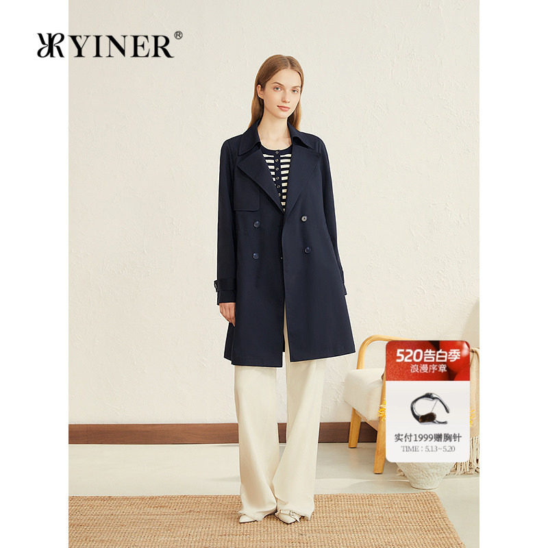YINER音儿专选女装醋酸混纺一手长翻领双排扣中长款风衣外套