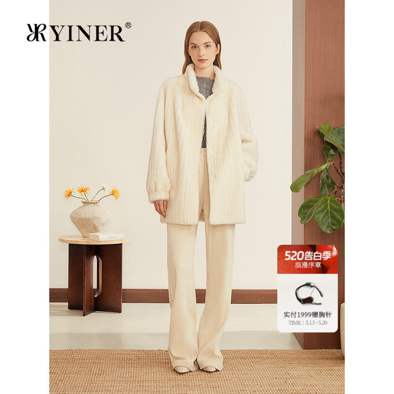 YINER音儿专选女装秋季中长款H型小立领仿水貂环保皮草外套