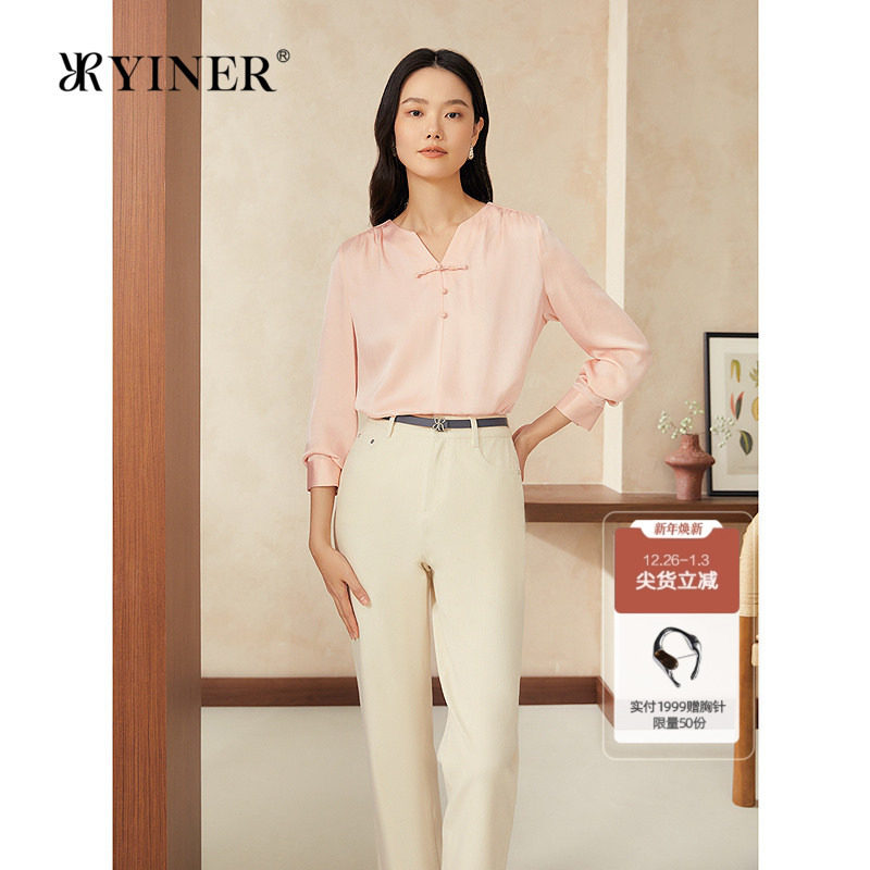 YINER音儿2025春季新款新中式盘扣半开领桑蚕丝真丝衬衫上衣