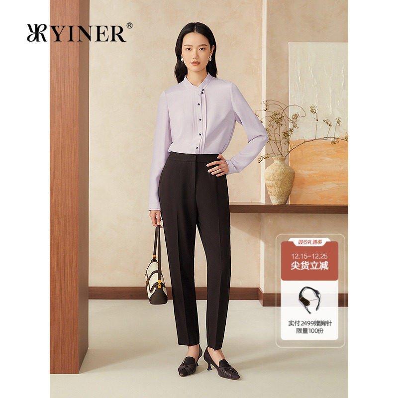 YINER音儿2025春季新款法式时尚皱褶拼接小立领蚕丝混纺衬衫
