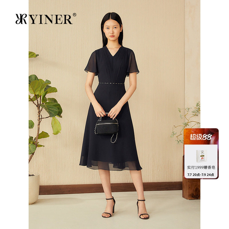 YINER音儿专选女装夏季法式乱麻雪纺A字裙摆荷叶袖连衣裙