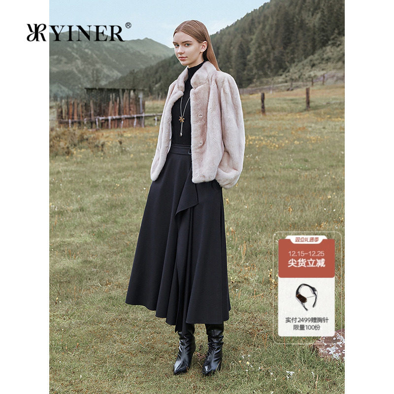 YINER音儿2025冬季新款法式静奢风丹麦进口水貂毛皮立领短款