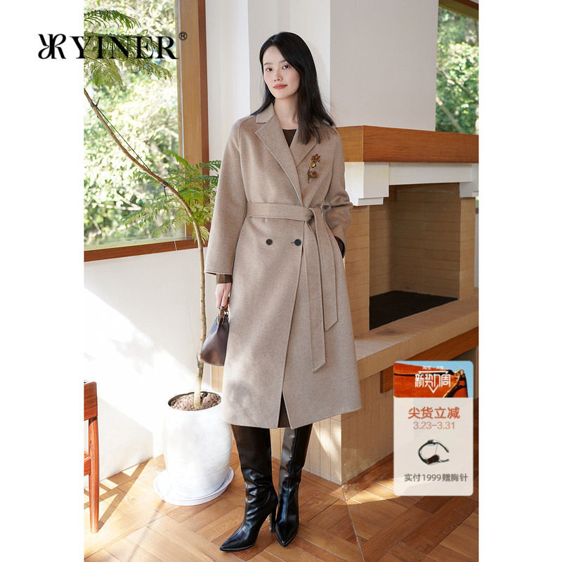 YINER音儿女装冬季优雅木兰花系列长款纯羊毛双面呢大衣外套