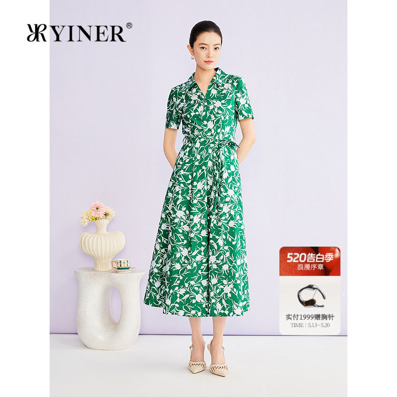 YINER音儿专选2026夏季新款时尚复古印花系带收腰衬衫翻领连