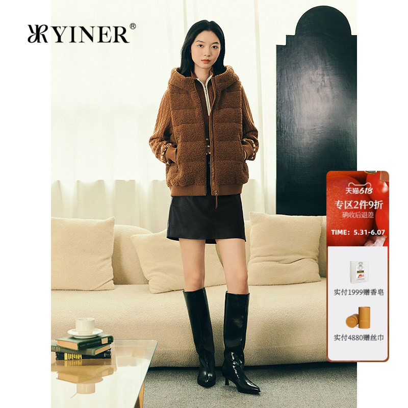 YINER音儿专选2026春季新款法式仿羊羔毛保暖连帽无袖羽绒马甲