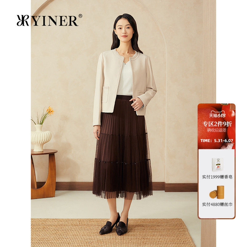 YINER音儿专选女装春季新中式短款圆领绵羊真皮皮衣夹克外套