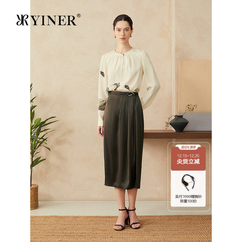 YINER音儿2025春季新款时尚手绘国风醋栗印花桑蚕丝真丝衬衫