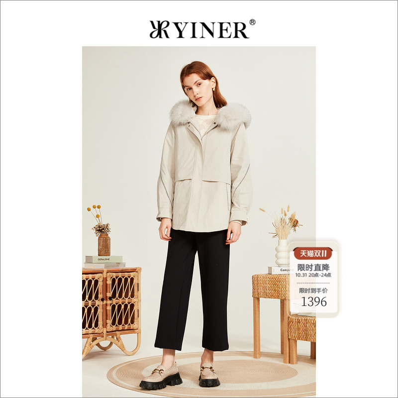YINER音儿专选女装冬季暖绒狐狸毛领连帽兔毛内胆派克服皮草