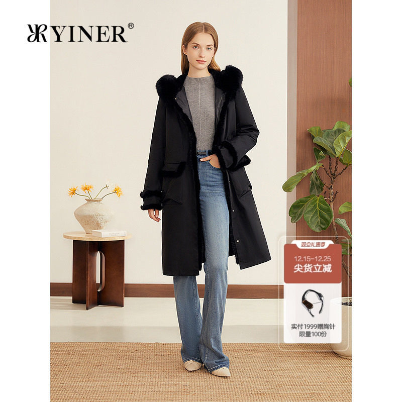 YINER音儿专选2025冬季新款可拆卸内胆水貂毛镶边狐狸毛领羽