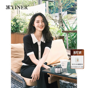 YINER音儿女装夏季时尚撞色翻领100桑蚕丝真丝针织衫套头