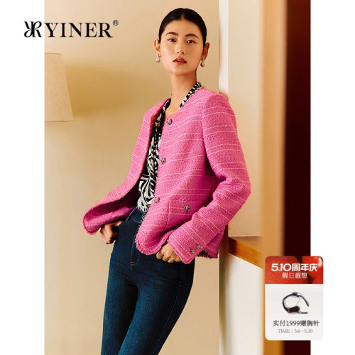 YINER音儿女装春季1996系列金葱闪丝粗花呢拉毛短外套