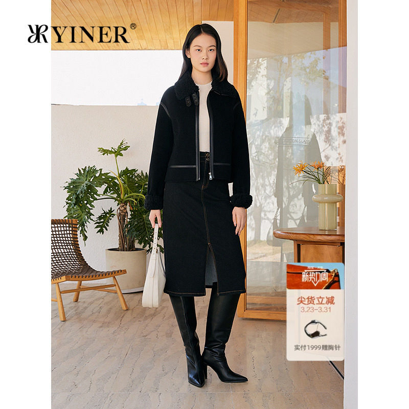YINER音儿专选女装冬季时尚短款皮革拼接翻领羊毛双面呢外套