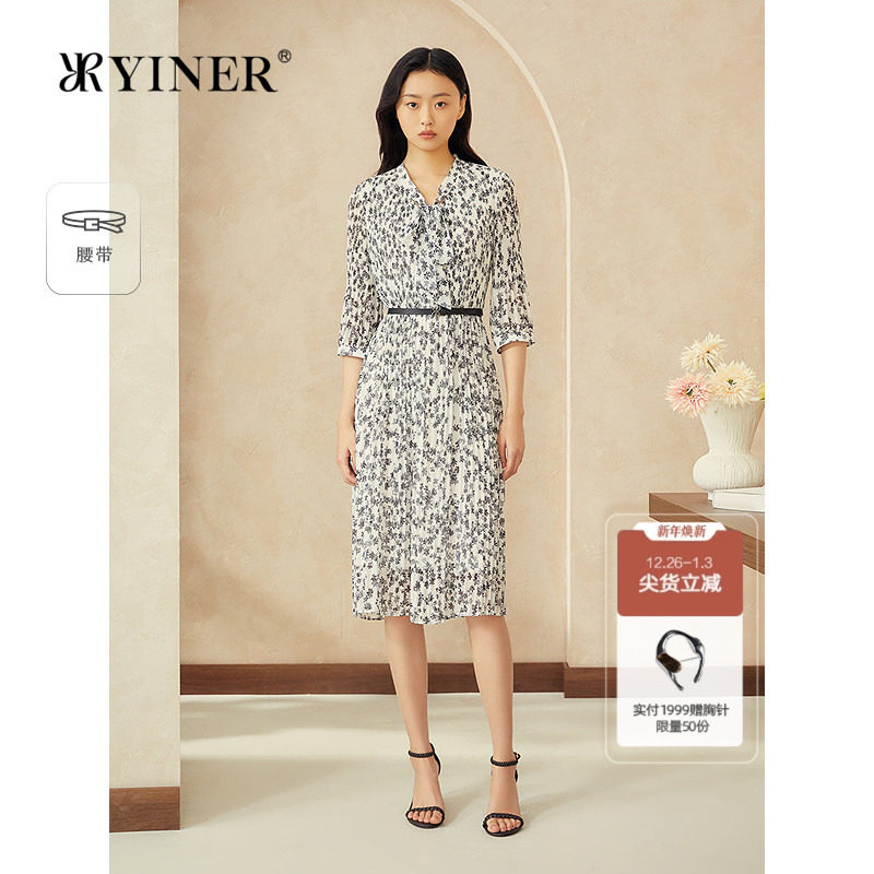 【周末花园】YINER音儿专选2025夏季新款碎花蝴蝶结领皱褶连