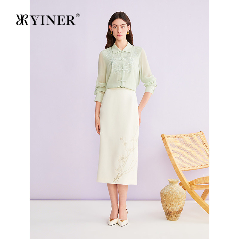 【新中式】YINER音儿2026夏季新款优雅翻领刺绣桑蚕丝雪纺衬