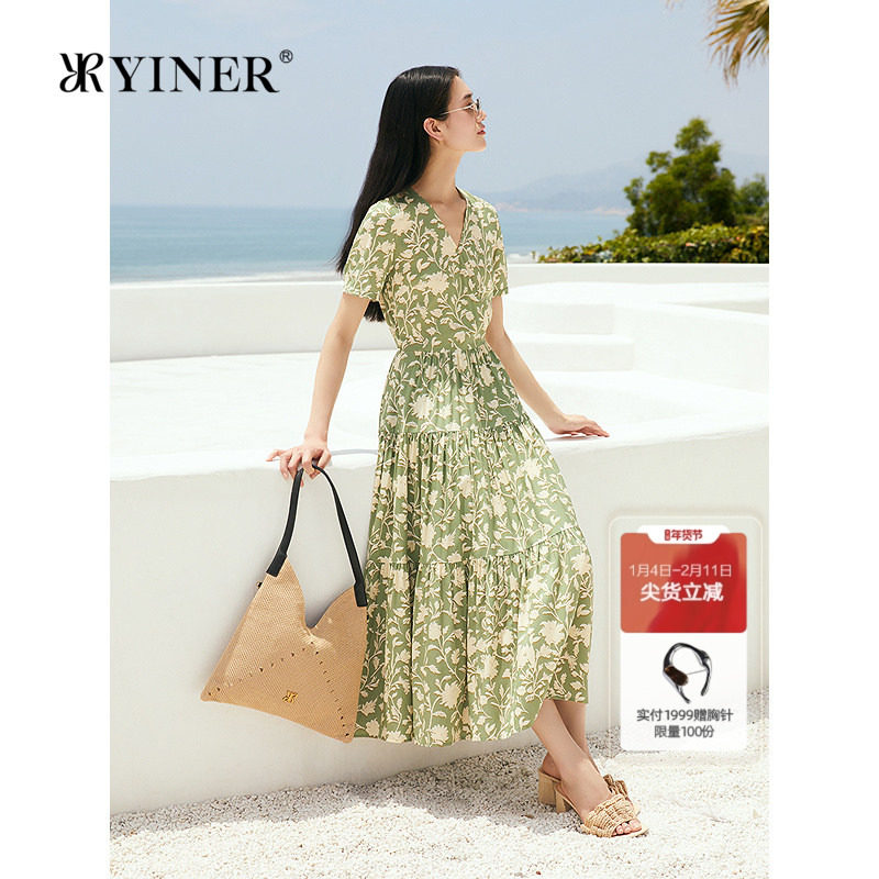 【真丝系列】YINER音儿2025夏季新款法式V领弹力桑蚕丝印花