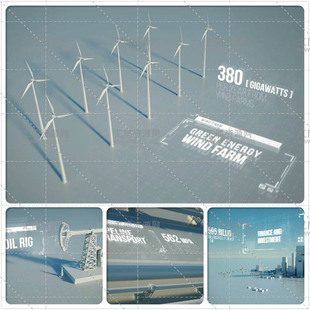 三维城市工厂风车电力油田集装箱HUD资源能源经济数据展示AE模板