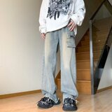 2025秋松紧腰工装牛仔裤男宽松直筒裤美式抽绳裤子NZ3011P50，男装牛仔裤，星座1108-1
