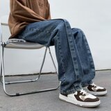 2025新款拼接牛仔裤男高街痞帅宽松直筒裤子阔腿长裤K1360P45，男装牛仔裤，星座1108-1