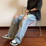 2025新款美式复古涂鸦破洞牛仔裤男阔腿直筒牛仔裤NZ919P50，男装牛仔裤，星座1108-1