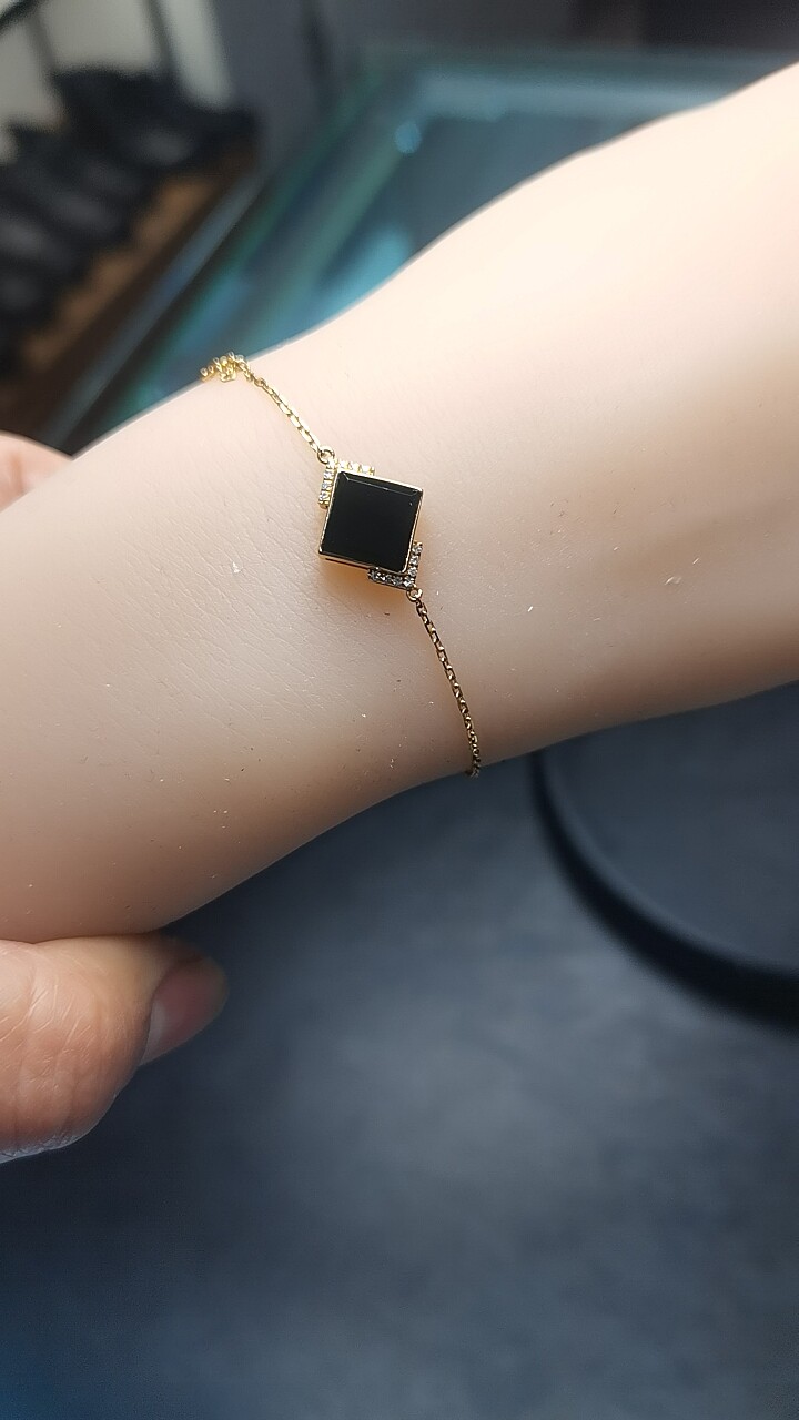 缅甸天然翡翠冰种墨翠小方块金镶手链/手串