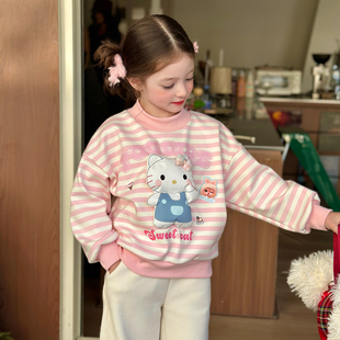 栀了成长记女童装粉白条纹加绒卫衣2025冬季儿童可爱印花宽松上衣