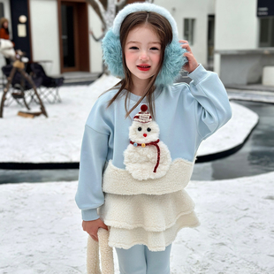 儿童裙裤 2025冬季 保暖两件套 女童毛绒雪人加绒套装 栀了成长记童装