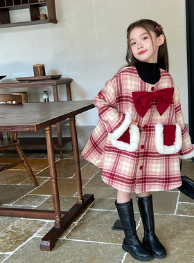 栀了成长记童装女童红色格纹加绒外套冬季儿童小女孩保暖毛呢大衣