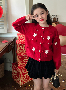 栀了成长记童装女童红色开衫毛衣秋冬儿童宝宝绣花圣诞毛球针织衫