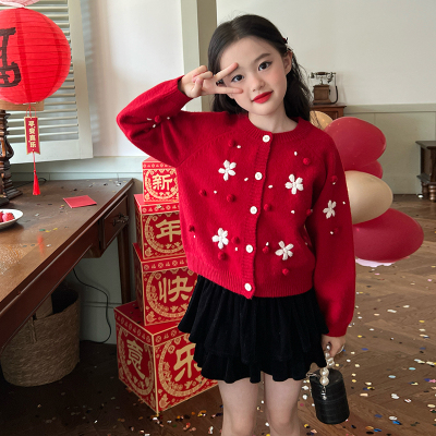 栀了成长记女童红色圣诞开衫毛衣