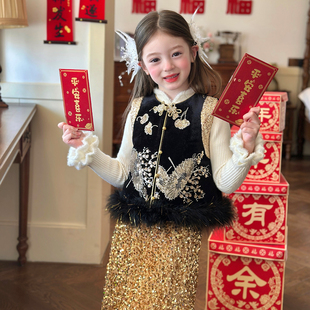 栀了成长记童装女童国风唐装上衣2025冬季儿童新中式拼色夹棉马甲
