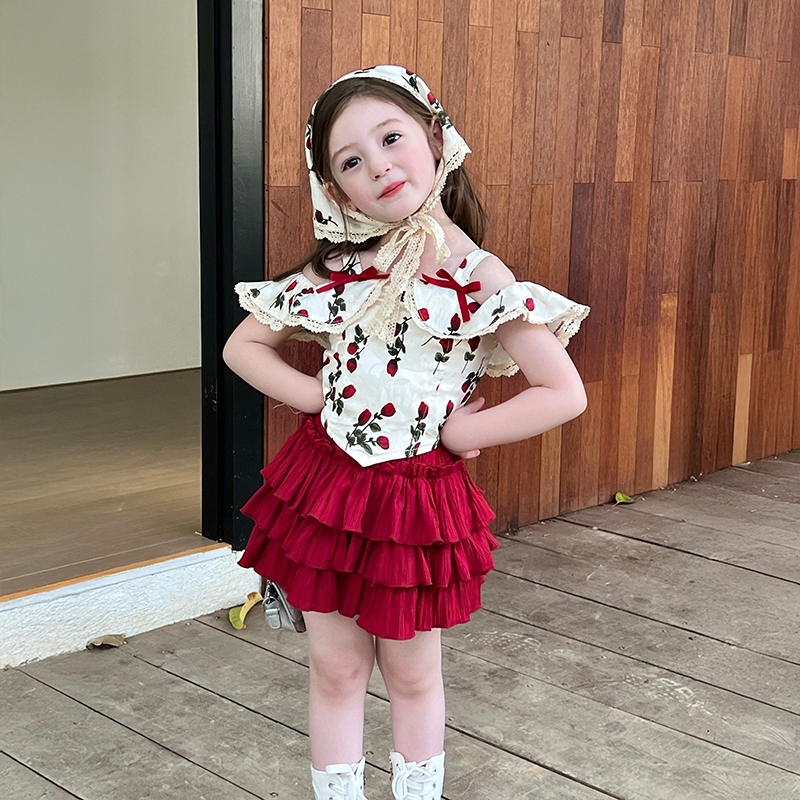 栀了成长记女童一字肩吊带上衣