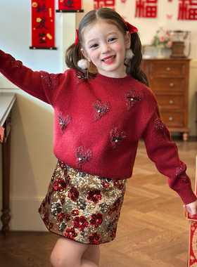 栀了成长记女童装红色爱心时尚毛衣2025冬季儿童百搭圆领针织上衣