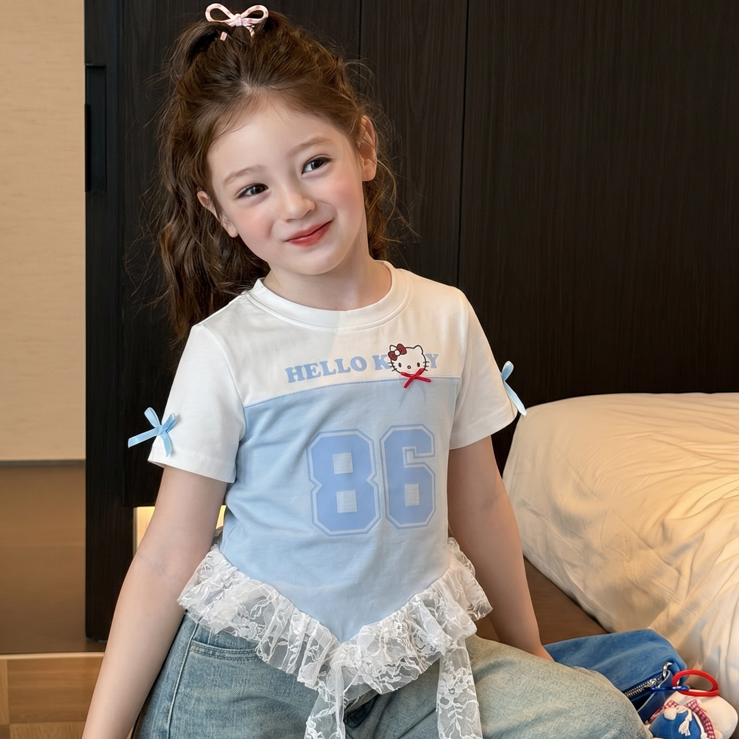 栀了成长记女童卡通短袖蝴蝶结T恤2026儿童白色拼接蕾丝花边上衣