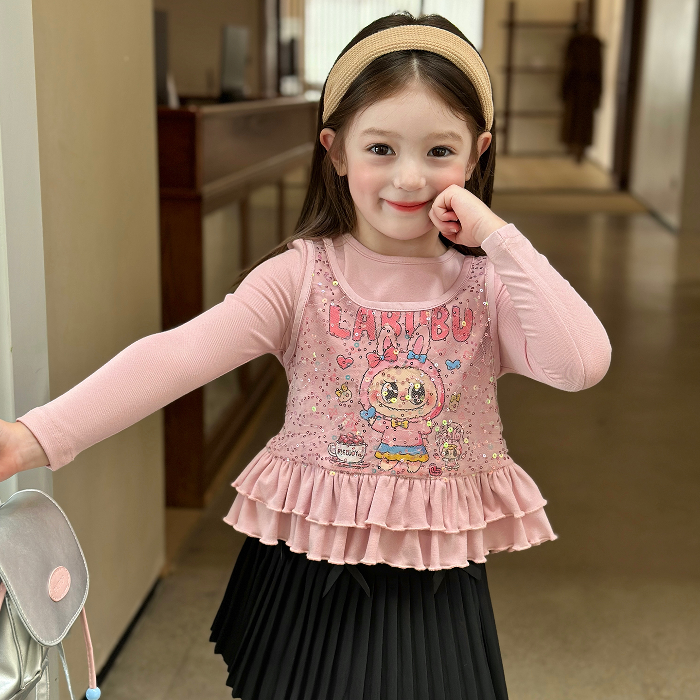 栀了成长记女童假两件亮片上衣