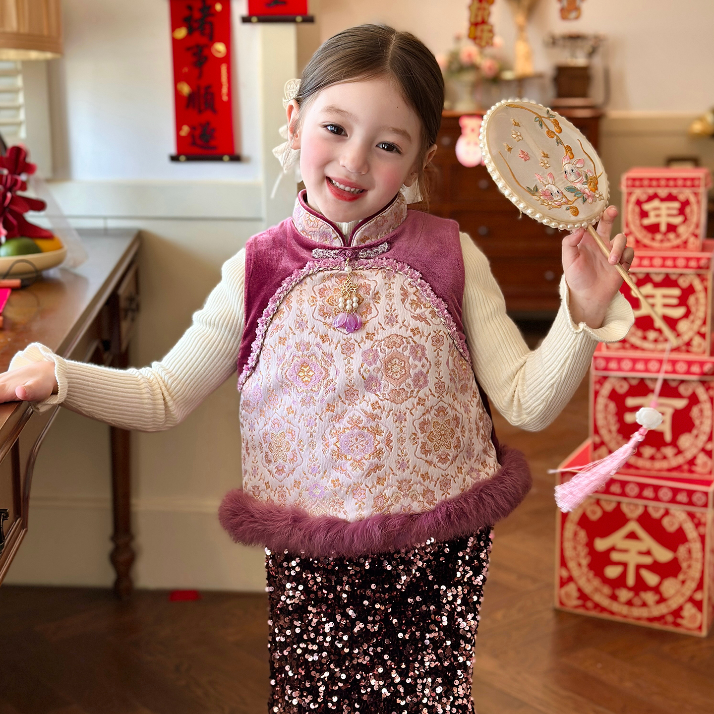 栀了成长记女童冬季国风夹棉马甲