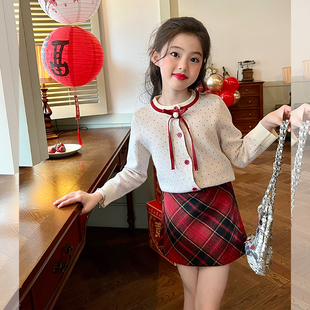 栀了成长记童装女童淑女撞色针织开衫春装儿童百搭洋气波点毛衣