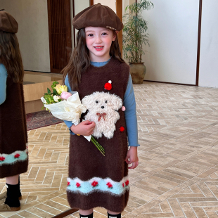 栀了成长记女童装仿水貂毛连衣裙秋季儿童宝宝可爱趣味毛织背心裙