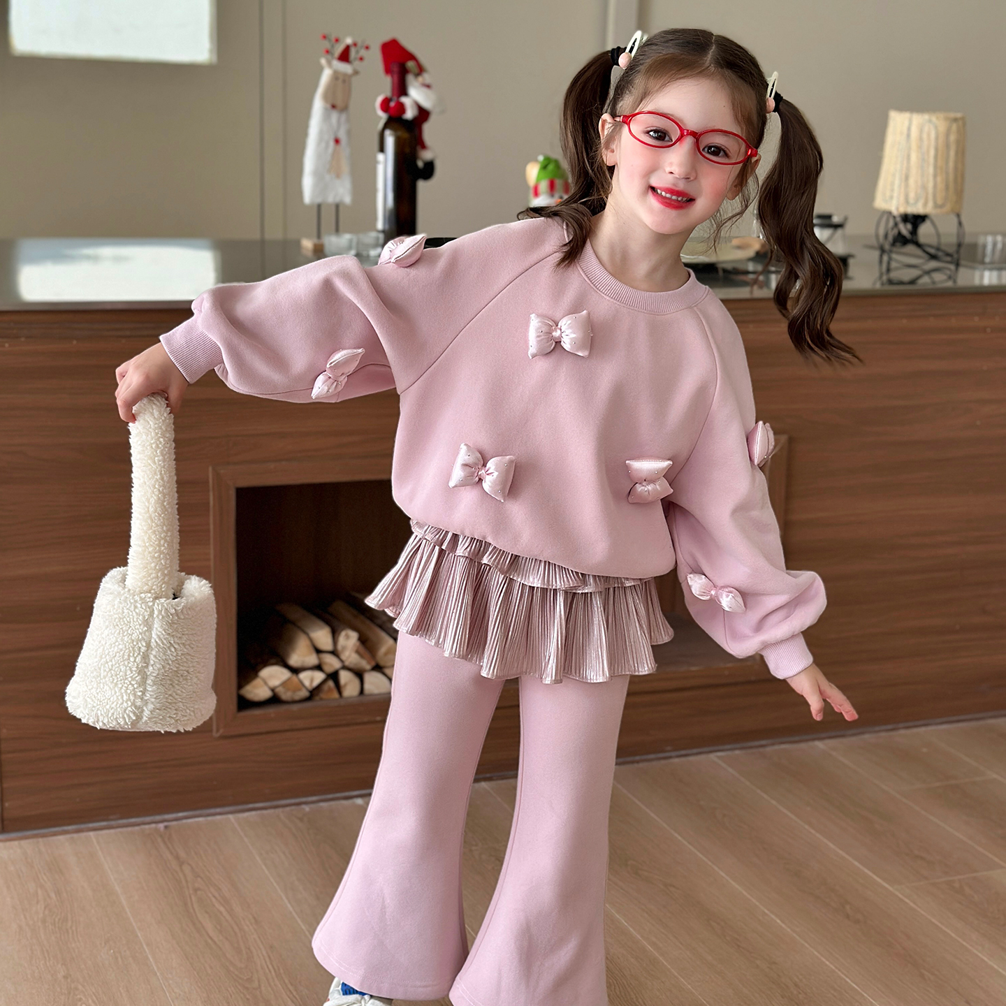 栀了成长记女童冬季粉色加绒套装