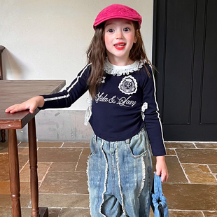 韩版 复古长袖 蕾丝T恤秋季 儿童宝宝美式 上衣 新款 栀了成长记女童装