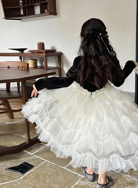 栀了成长记童装女童丝绒花苞袖连衣裙秋装儿童宝宝公主裙网纱裙子