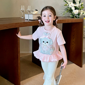 栀了成长记童装 女童卡通刺绣拼接蕾丝荷叶边上衣儿童宝宝短袖 T恤