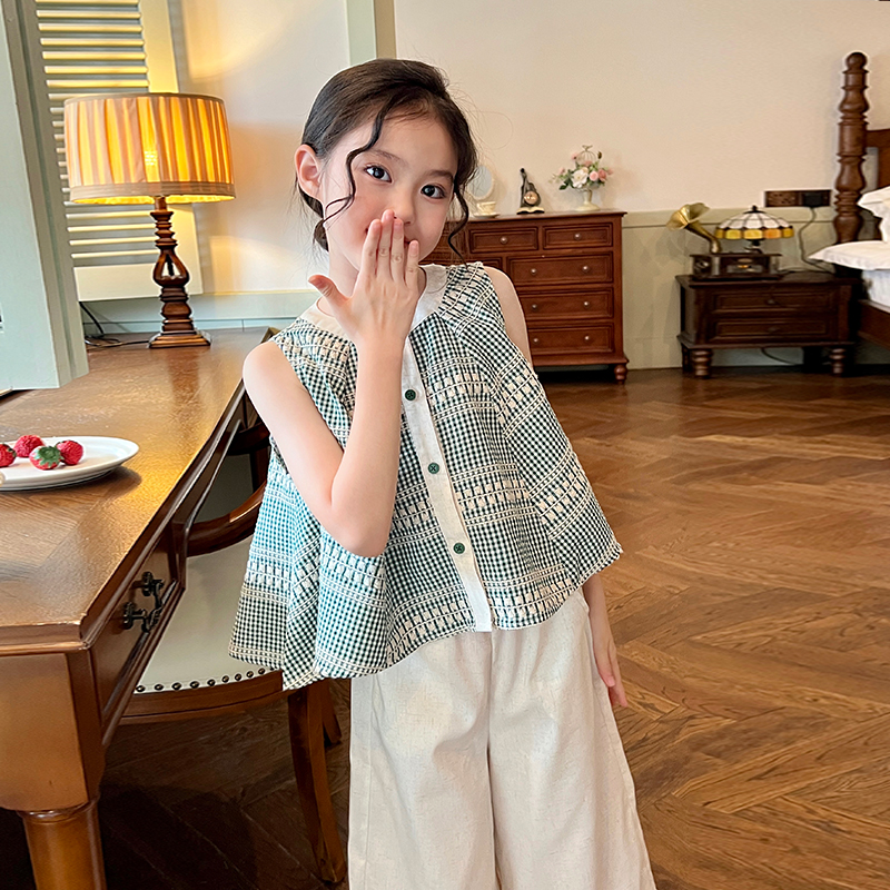 栀了成长记童装女童韩版格子无袖背心上衣夏季儿童小女孩绣花衬衫