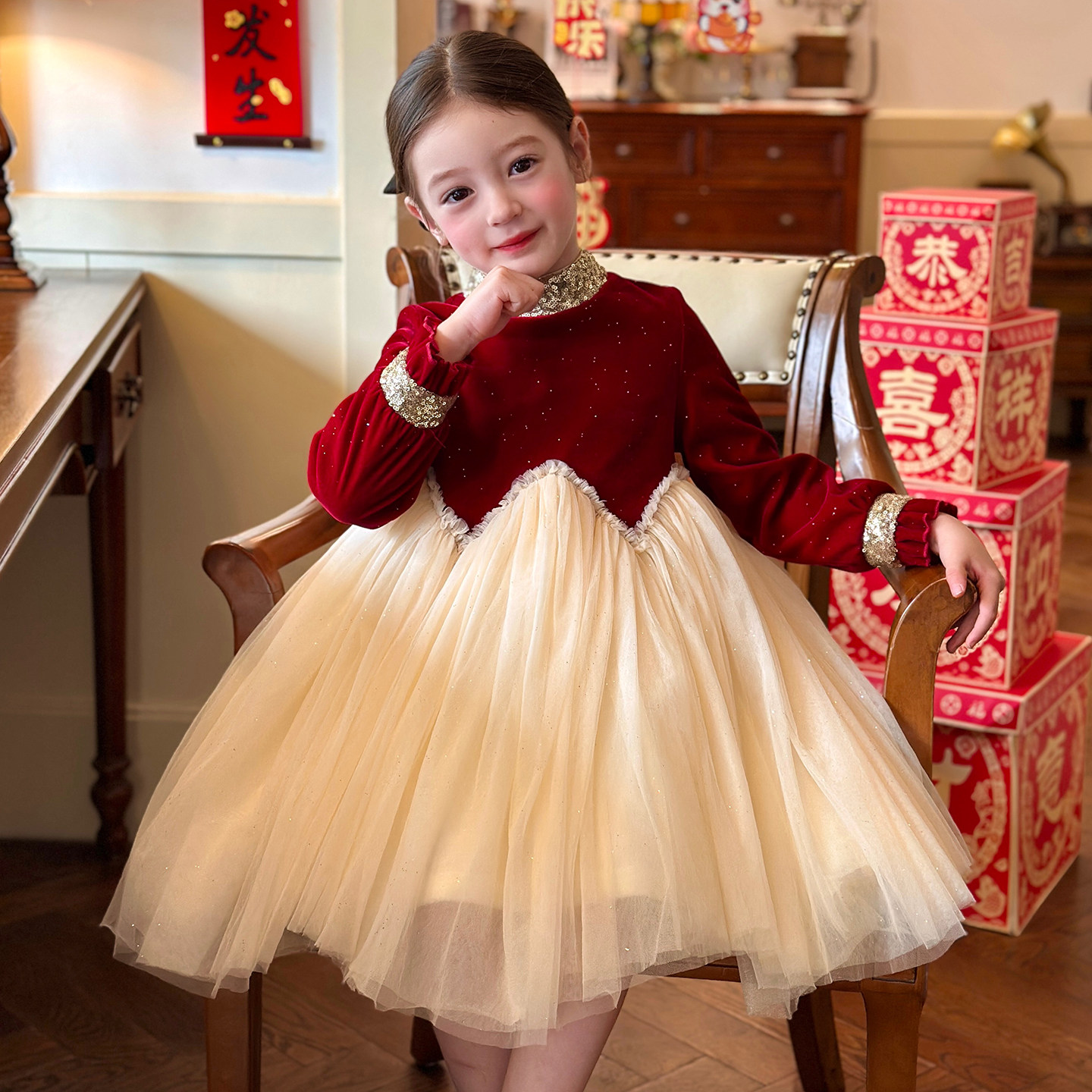 栀了成长记女童装圣诞丝绒连衣裙2025冬季儿童高领加绒网纱公主裙,童装/婴儿装/亲子装,连衣裙,淘宝优惠券,粉丝福利购,淘宝优惠卷