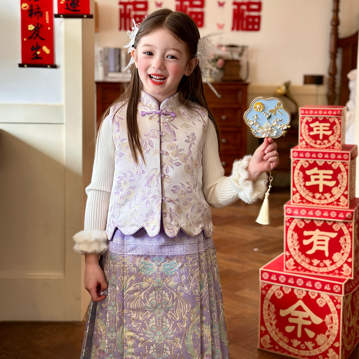 栀了成长记女童冬季国风夹棉马甲