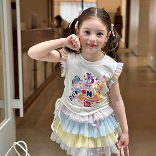 栀了成长记女童装甜美可爱卡通套装2026春季儿童无袖蛋糕裙两件套