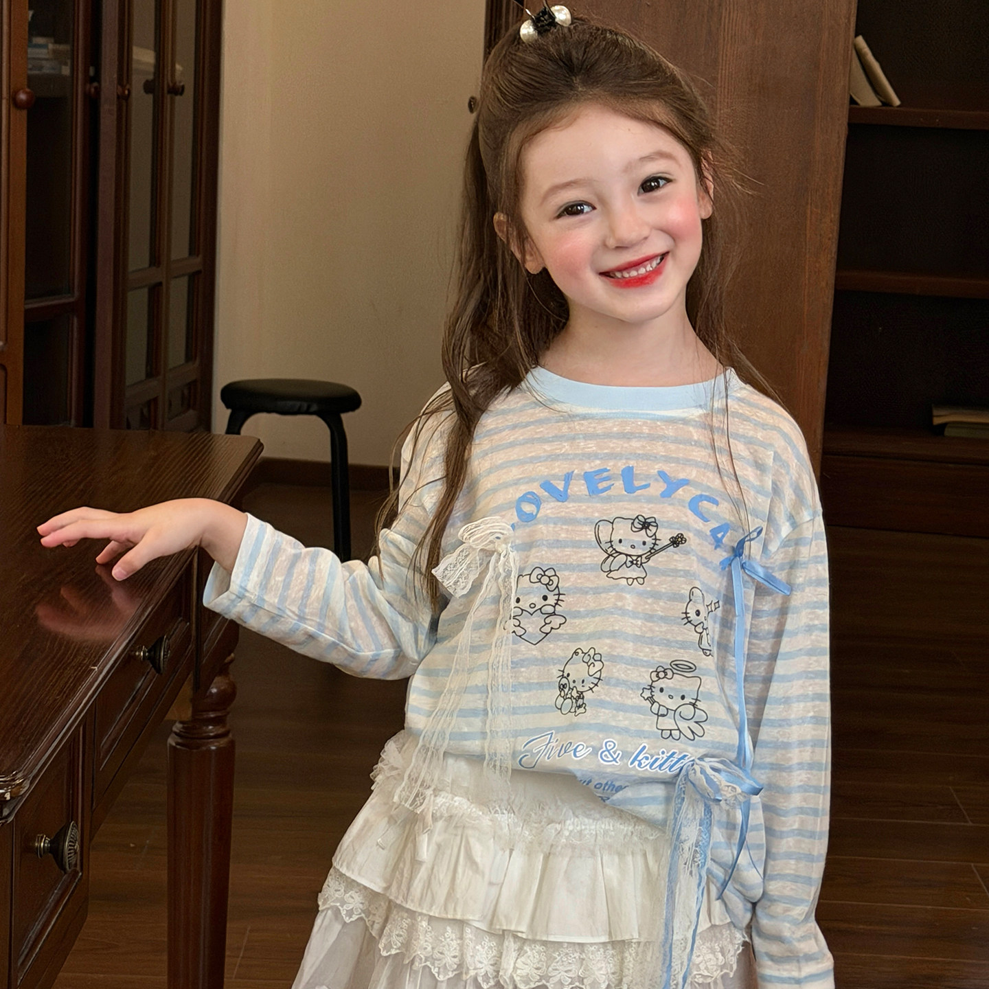 栀了成长记女童装卡通条纹休闲上衣2026夏季新款长袖宽松防晒T恤