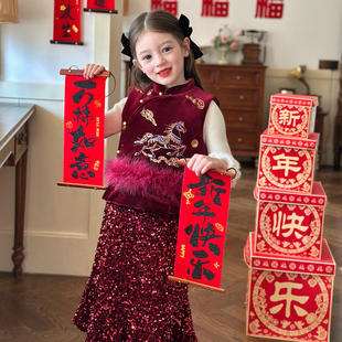 栀了成长记女童装新年唐装夹棉上衣2025冬季儿童国风刺绣丝绒马甲