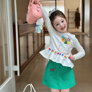 长袖 栀了成长记童装 修身 儿童新款 T恤 女童百搭荷叶边上衣2026春季