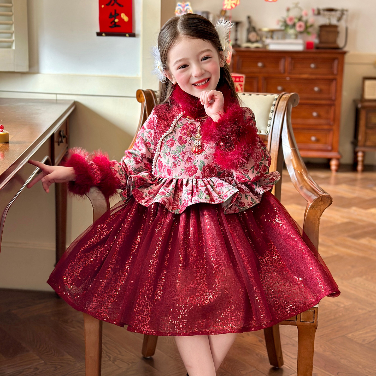 栀了成长记童装女童新中式红色网纱裙2025冬季儿童国风加绒连衣裙,童装/婴儿装/亲子装,连衣裙,淘宝优惠券,粉丝福利购,淘宝优惠卷