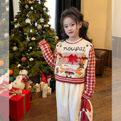 儿童宝宝针织衫 新款 女童千鸟格刺绣圣诞节毛衣春装 栀了成长记童装
